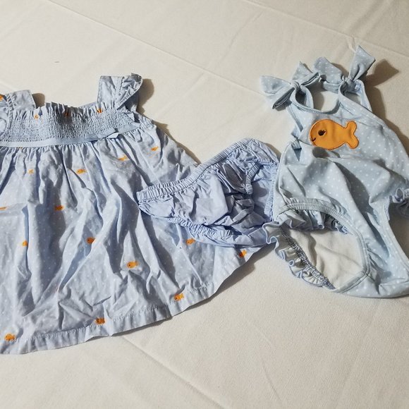 Gymboree Little Goldfish 0-3 month Swimsuit, dress & diaper cover used set.